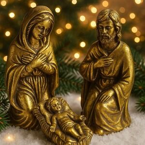 Gold Tone Holy Family Nativity Set Mary, Joseph, Baby Jesus‎ 3 Pc Pacific Rim Co